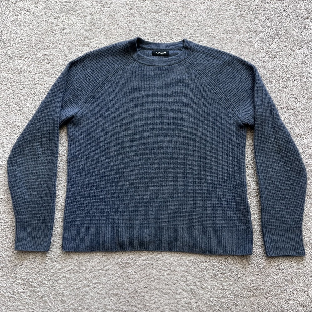 Naadam Waffle Knit Cashmere Sweater Mens M Blue Raglan Crewneck Pullover